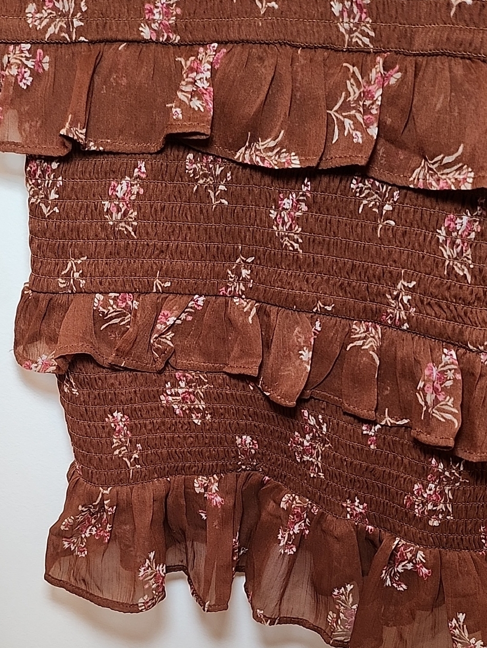 Abercrombie&Fitch Tie-Strap Smocked Mid Dress Chocolate brown floral print Sz XL - Picture 8 of 16
